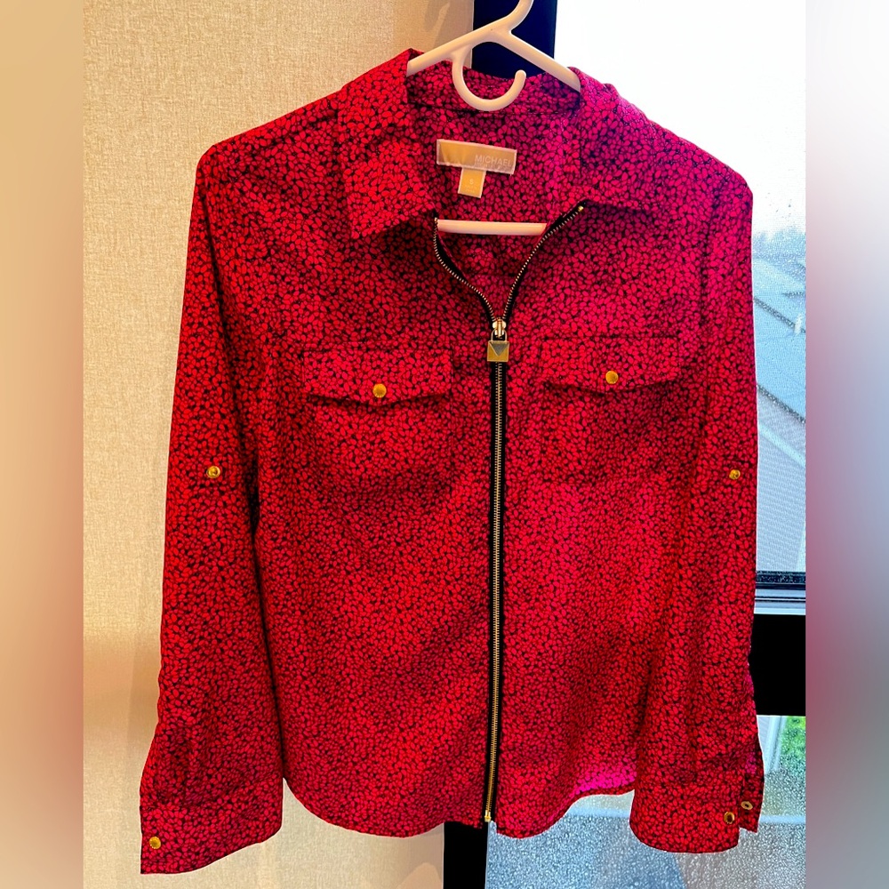 Michael Kors Women's Black Pink Paisley Print Roll Tab Sleeve Zip Up Top Size S